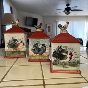 Set Of 3 Ceramic Susan Winget Rooster Farmhouse Canisters Red